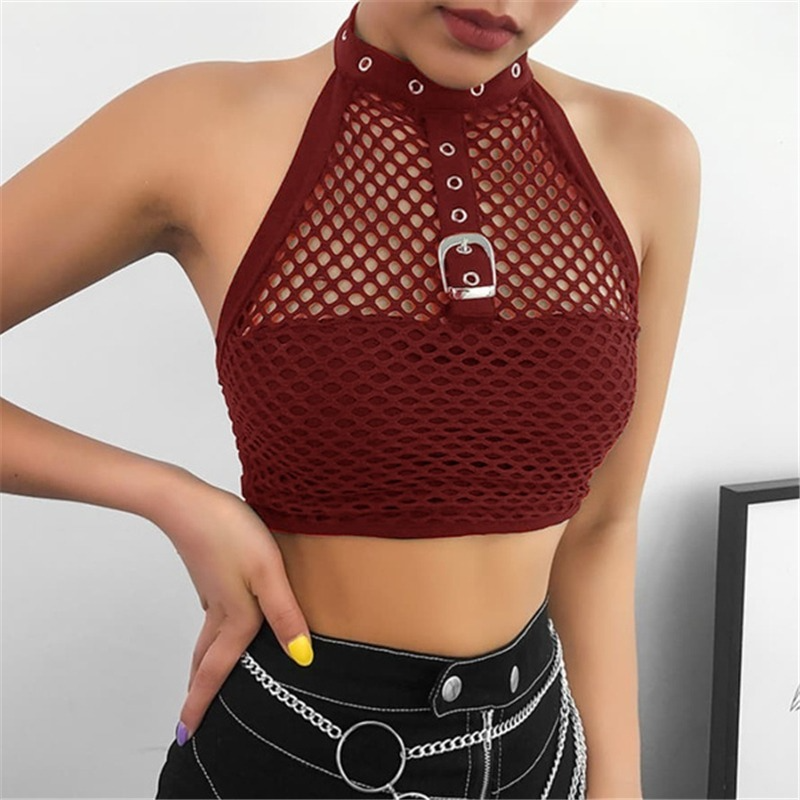 Mesh Fishnet Crop Top Women See Through Summer Female Clothes Backless Streetwear Gothic Hollow Out Sexy Black Halter Tank Top 1