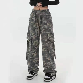 Camouflage Harajuku Low Waist Casual Straight Leg Pants Women Baggy Wide Leg Cargo Trousers Vintage Korean Fashion Clothes 1