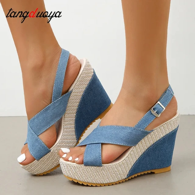 Ankle Buckle wedges Sandals Women Fashion Blue Denim Platform Open Toe sandals Women Casual Thick Sole Gladiator Sandalias Mujer 1