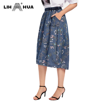 LIH HUA Women's Plus Size Denim Skirt High Elasticity Slim Fit Printed Dress Casual Woven Skirt 1