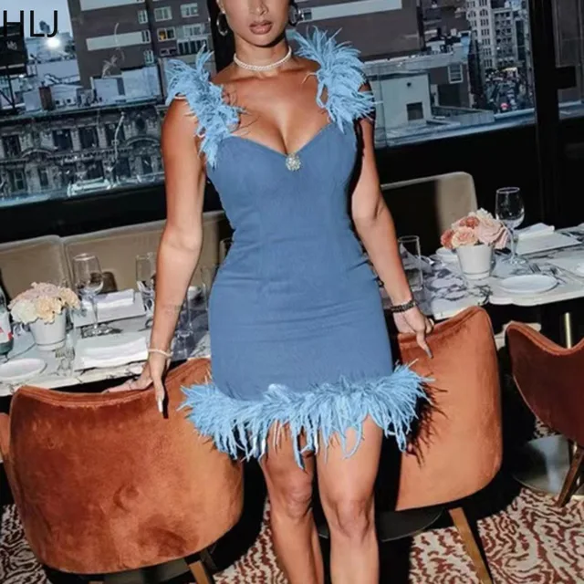 HLJ Sexy Deep V Feather Suspenders Denim Dress Women Sleeveless Bodycon Mini Dresses Fashion Solid Cowboy Vestidos Streetwear 1