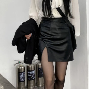 HOUZHOU Punk Leather Skirt Women Black Sexy Split Slim High Waisted A-line Mini Skirts Autumn Korean Fashion Harajuku Streetwear 1