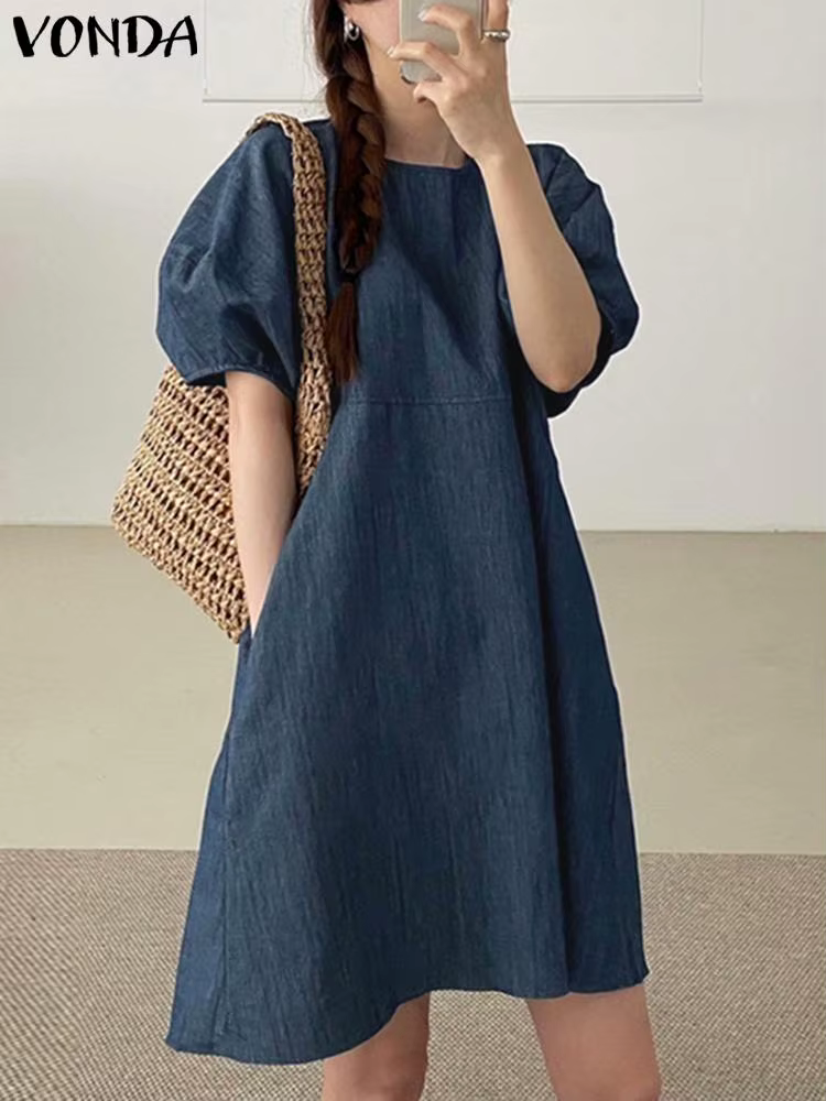 VONDA Women Dress 2023 Casual Short Puff Sleeve Party Denim Dress Elegant Sundress Solid Color Vestidos Bandage 2 VONDA Women Dress 2023 Casual Short Puff Sleeve Party Denim Dress Elegant Sundress Solid Color Vestidos Bandage 2