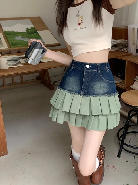 Women's Patchwork Denim Skirt Vintage Y2k Summer Short Skirt Harajuku Korean Chic Fashion Kawaii Punk A-line Mini Skirt 1