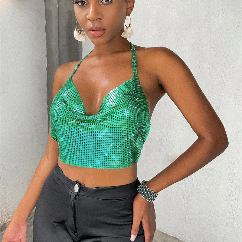 Green Metal Mesh Women Crop Top Backless Female Women's Tank Top 2021 Summer Clothes Chain Tied Backless Metallic Halter Top 1