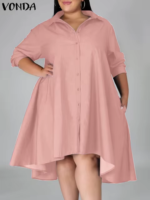 VONDA Summer Vintage Denim Shirt Dress 2024 Women Long Sleeve Asymmetrical Midi Vestidos Solid Color Elegant Streetwear Sundress 1