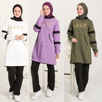 Tracksuit Suit Slit Women's Hooded Kangaroo Pocket Set Fashion  Muslim Hijab Clothing  Turkey Istanbul Islam Dubai Casual Sports 1
