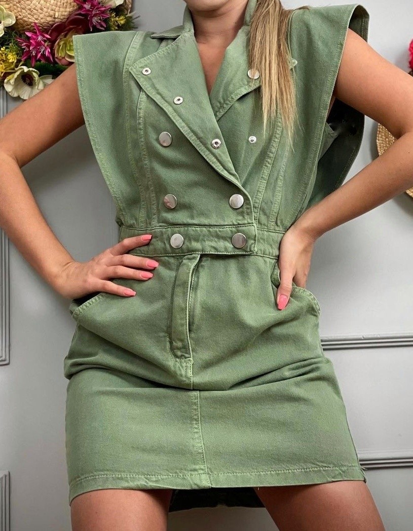 Candy Pink, Green and Beige Denim Dress. Snap fasteners, 4 Pockets, Denim Dress, Casual Dress 5