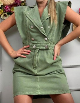 Candy Pink, Green and Beige Denim Dress. Snap fasteners, 4 Pockets, Denim Dress, Casual Dress 5