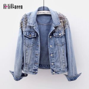 2021 Autumn Female Denim Jacket Beaded Short Coats Punk Style Embroidery Long Sleeve Slim Outwear Streetwear Women Jean Coats 1