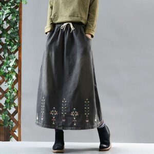 QPFJQD Autumn Winter Women Retro Elastic Waist Denim Skirt 2021 Spring Female Casual Loose Drawstring Embroidery Skirts Cotton 1