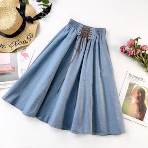 PEONFLY Autumn Winter Fashion Women Skirt Solid Color Lace-up High Waist Denim Skirt Retro Pleated Midi Denim Flared Skirts 1