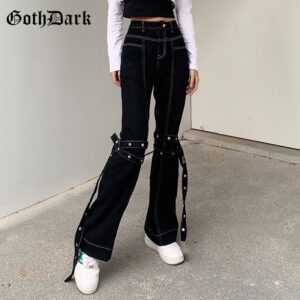 Goth Dark Mall Gothic Grunge Black Jeans Harajuku Punk Wide Leg Women Pants Hip Hop High Waist Bandage Streetwear Rivet Trousers 1