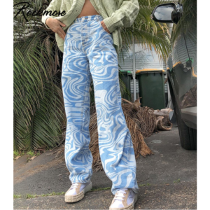 Rockmore Zebra Pattern High Waist Women'S Jeans 90s Streetwear Trousers Baggy Leg Pants Y2K Mom Boyfriend Pants Denim Capris 1