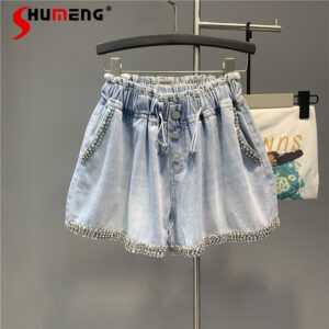 2021 Summer European Women New Exquisite Rhinestone Denim Shorts Ladies Fashion Plus Size Loose Wide Leg A- Line Jeans Hot Pants 1