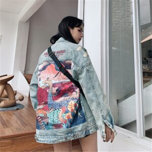 NEWDISCVRY 2020 New Autumn Women Vintage Streetwear Punk Style Jean JacketFunny Cartoon Print Long Denim Jacket Women Jacket 1