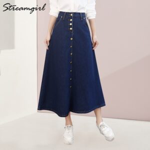 Streamgirl Denim Skirt Women Plus Size Korean Fashion Long Jeans Skirt Button Big Hem Casual High Waist Skirts Long For Women 1
