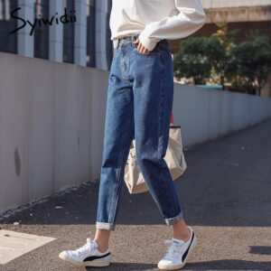 syiwidii Cotton white jeans woman high waist skinny jeans woman plus size mom jeans black 2021 spring new beige blue hot sale 1