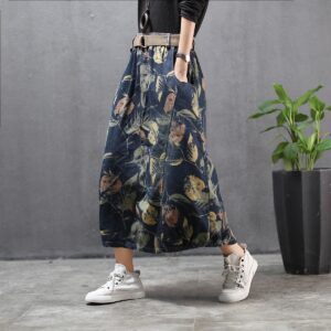 New Vintage Leaves Floral Printing Women Skirts Washed A-Line falda mujer All-Match Denim Skirt Women Pocket Jeans Autumn Spring 1