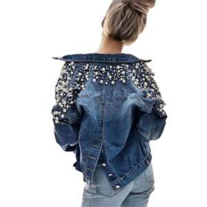 Pear Decor Short Denim Jacket Women Autumn Winter Long Sleeve Jeans Jacket Tops Korean Leisure Beads Joker Back Single Breasted 1