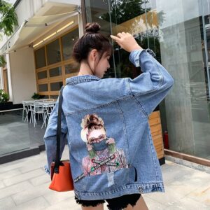 Autumn Women's Denim Jacket Jeans Coat Print Chic Harajuku Frayed Beaded Short Coat Casual Loose 2021 New Spring Ladies Jacket 1