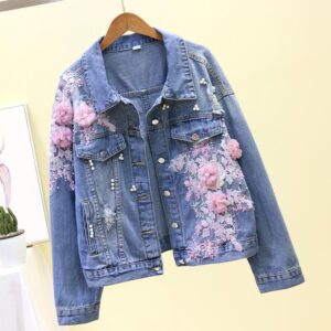 2020 Autumn Women Denim Jacket Embroidery Three-dimensional Floral Jeans Jacket Beading Pearl Ripped Hole Bomber Outerwear P778 1