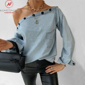 Fashion Women Denim T-Shirts for Streetwear Patchwork Design Button Decor Slash Neck Long Sleeve Spring Autumn Casual Loose Top 1