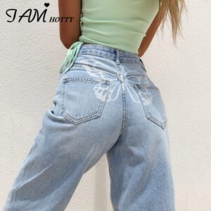 Hip Butterfly Print Harajuku Fashion y2k Jeans Women Streetwear Casual Baggy Straight High Waist Mom Denim Oversize 90s Iamhotty 1