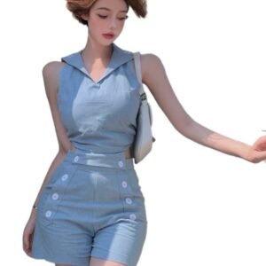 Two Piece Jeans Set Sailor Neck Hollow Backless Lace Up Tie Bow Tee Crop Top Tank Shirt Butto Short Skinny Suit Sexy Club Outfit 1