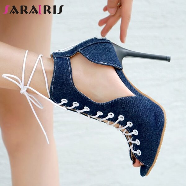 SARAIRIS Plus Size 34-48 Ladies Party Sexy Sandals Ankle Strap Denim Sandals Women Fashion Thin High Heels Summer Shoes Woman 1