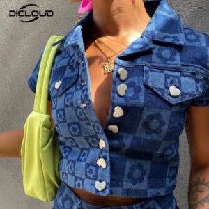 90s Vintage Retro Girls Denim T Shirt Women 2021 Summer Plaid Floral Print Skinny Crop Tops Harajuku Punk Street Fashion Tshirts 1