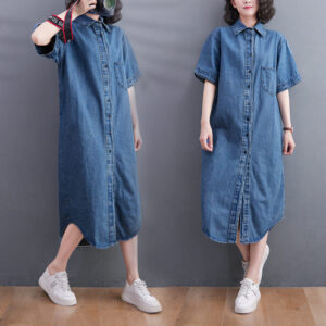 2021 Women's Fashionable Summer Short Sleeve Denim Shirt Dress Mid-Length Plus Size  Loose Dress Midi Casual Jacket Robes zh741 1