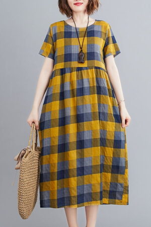 Loose holiday beach casual vintage print plaid linen cotton dress 1