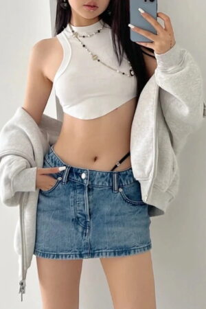 Design rise low asymmetrical denim sexy mini skirts 3