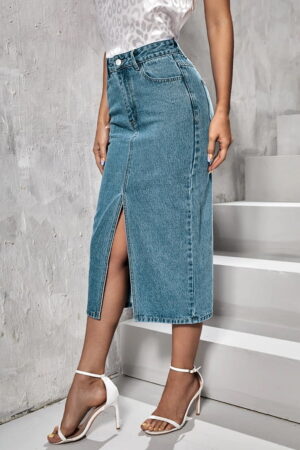 Elegant low waist plain midi long front slit denim jeans skirt 4