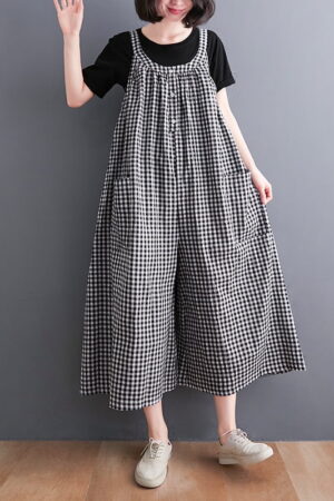 Plaid wide leg cotton linen casual jumpsuit overalls 2