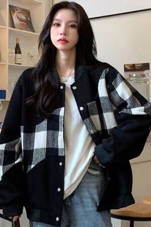 Stitching Turn Down Collar Fashion Vintage Checkered Loose Jacked Coat 1