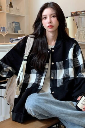 Stitching Turn Down Collar Fashion Vintage Checkered Loose Jacked Coat 5