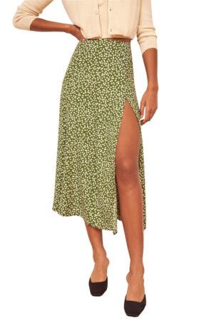 Fashion vintage skirt 2021 flower polka dot print high waist stretch split long A-line skirts for women beach maxi skirt 2