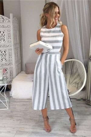 Sexy casual sleeveless elegant striped wide leg pants playsuits overalls 1