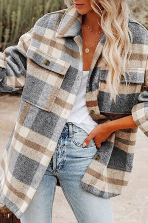 Lapel button down plaid jackets double pocket design 1