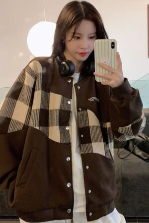 Stitching Turn Down Collar Fashion Vintage Checkered Loose Jacked Coat 4