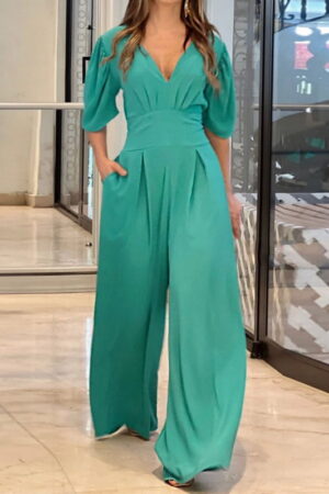 Liyong women jumpsuit puff short sleeve v neck backless nipped waist loose wide legs casual pants romper high streetwear 1