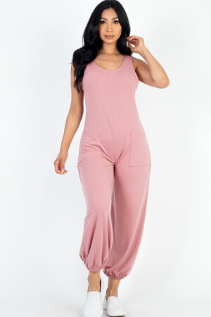 Casual solid french terry sleeveless scoop neck front pocket jumpsuit