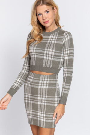 Long sleeve check crop and check jacquard sweater mini skirt