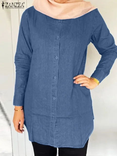 ZANZEA Fashion Dubai Turkey Abaya Hijab Tops 2024 Women Vintage Long Sleeve Denim Blue Shirt Spring Elegant Solid Muslim Blouse 1