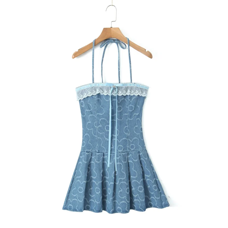 2024 Sexy Jacquard Weave Blue Denim Spliced Lace Slash Collar Bow Lacing Up Halter Mini Dress Women Low Waist Pleated Hem Robe 4