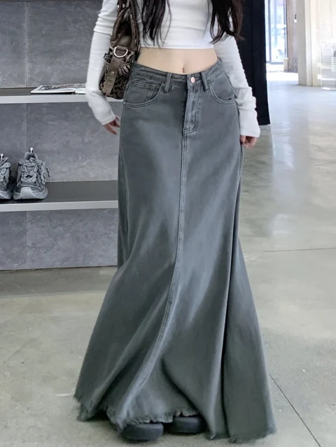 Vintage Tassel Big Hem Y2K Maxi Jeans Skirts Women High Waist Pocket High Street Denim Saias Mujer 2024 New Denim Black Skirt 1