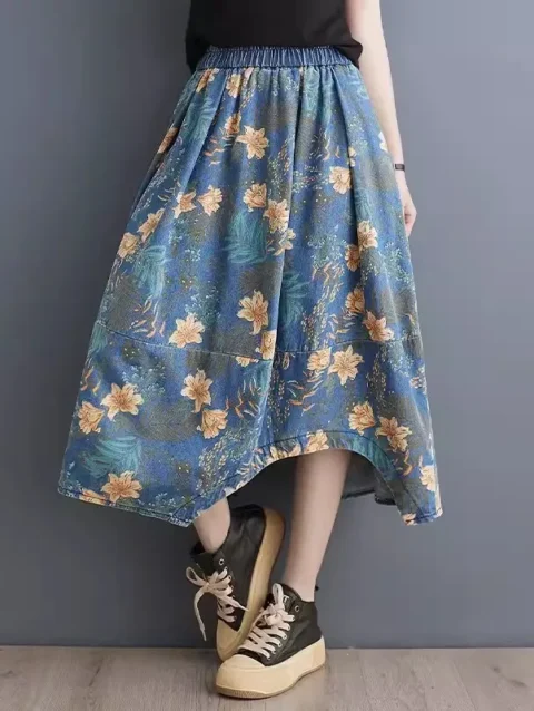 Spring Retro Distressed Print Washed Denim Skirt For Women 2024 Korean Loose Stylish Irregular Mid Length Skirt Trendy Z4794 8