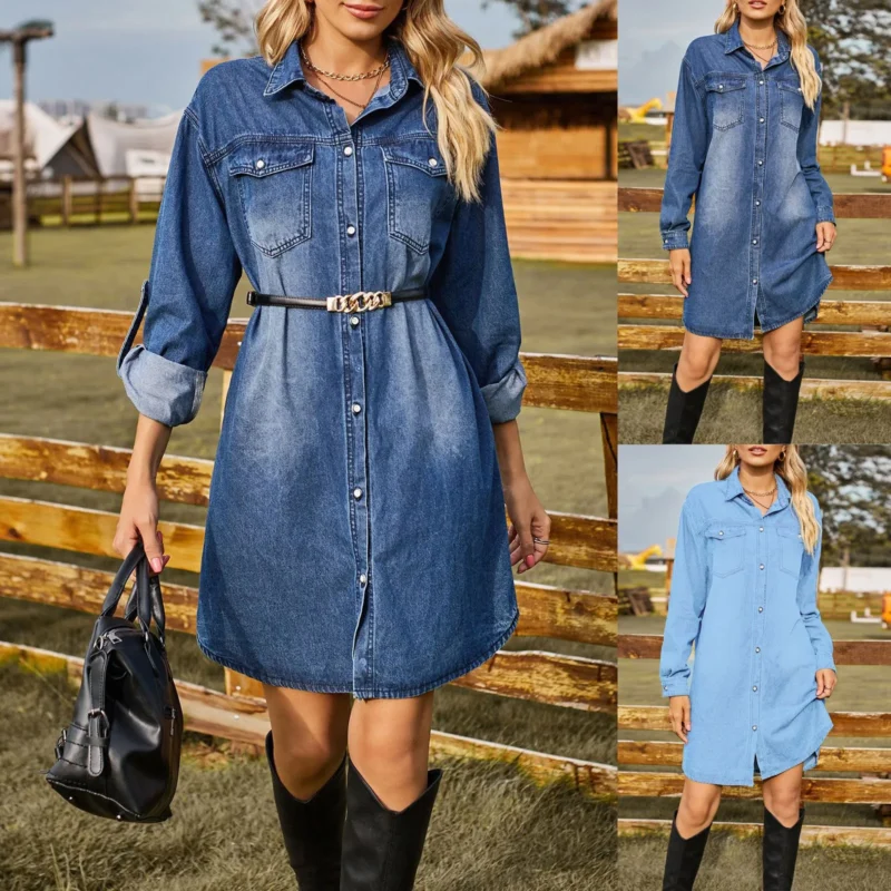 Women'S Fashion Casual Solid Color Vintage Washed Denim Loose Casual Long Sleeve Dress Elegant Dresses For Women Vestidos Mujer 5